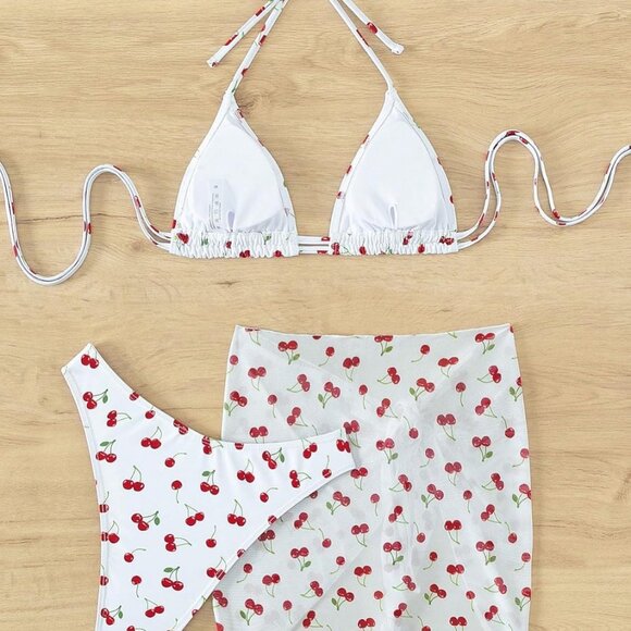 NWT Womens 3 pc Cherry Halter String Triangle Bikini Set w/ Sarong - Large - Picture 7 of 7
